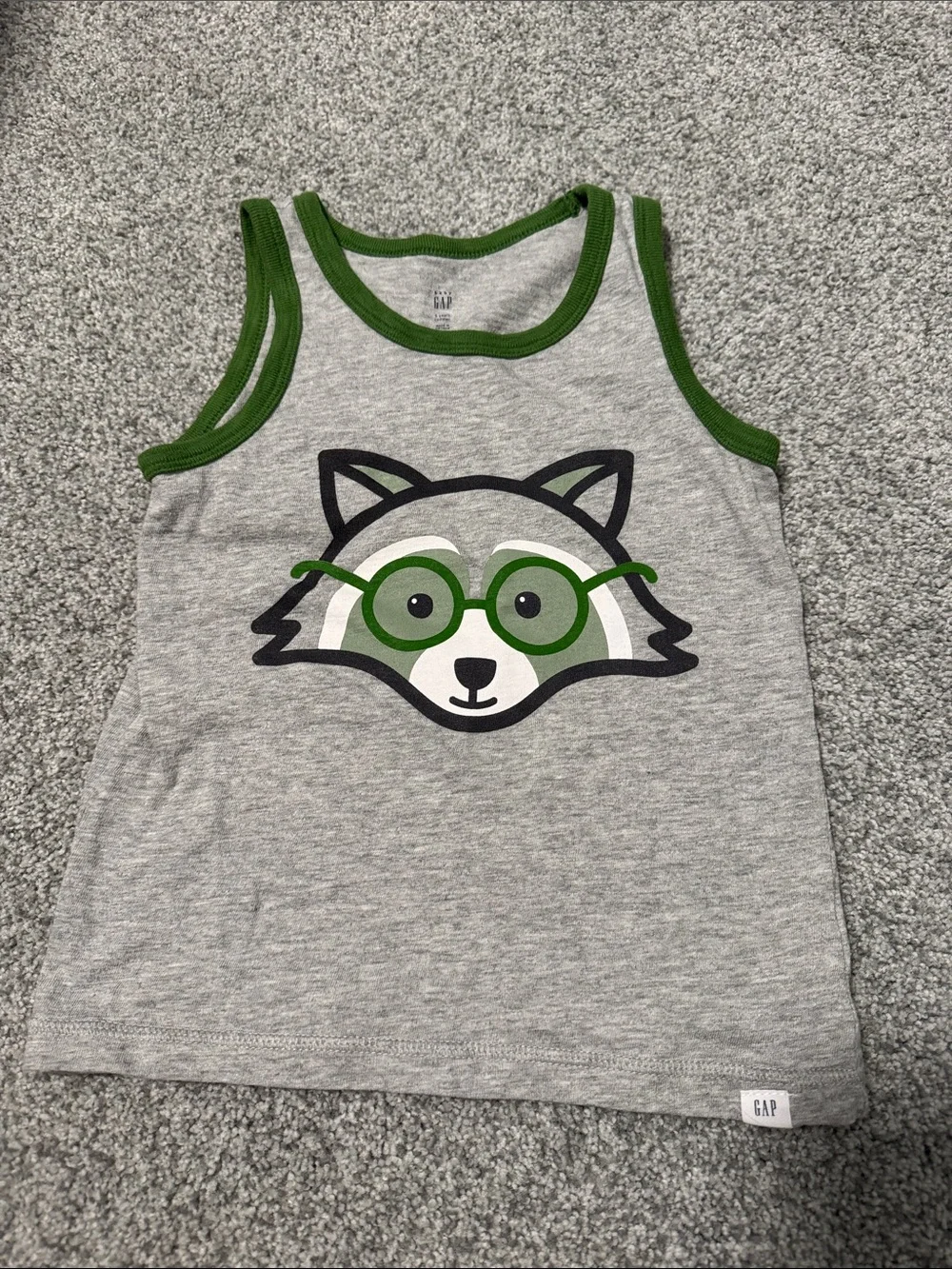 GAP Gray Tank Top with Green Trim and Raccoon Graphic